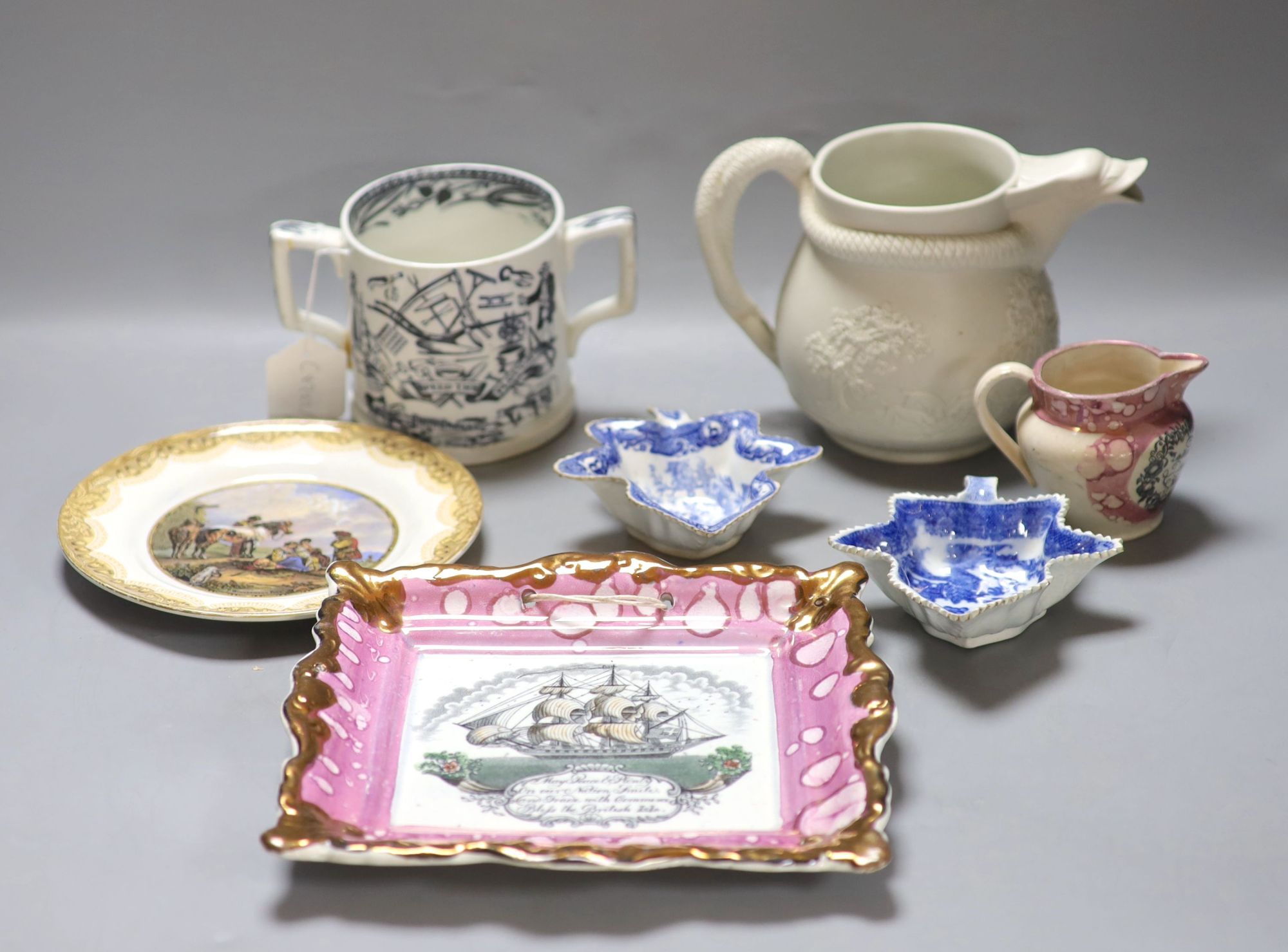 A quantity of mixed Victorian ceramics including a Sunderland lustre plaque, a jug, a two handled mug, a stoneware jug and a pair of le